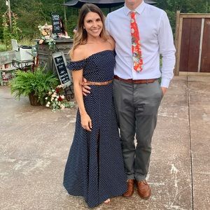 Lulu’s, Dream Love Navy Blue Polka Dot Off-the-Shoulder Maxi Dress